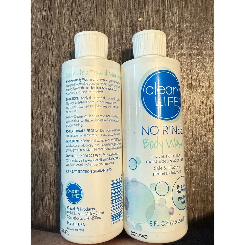 CleanLife No Rinse Body Wash 8oz 2 Pack Paraben Free Waterless Cleanser USA Made